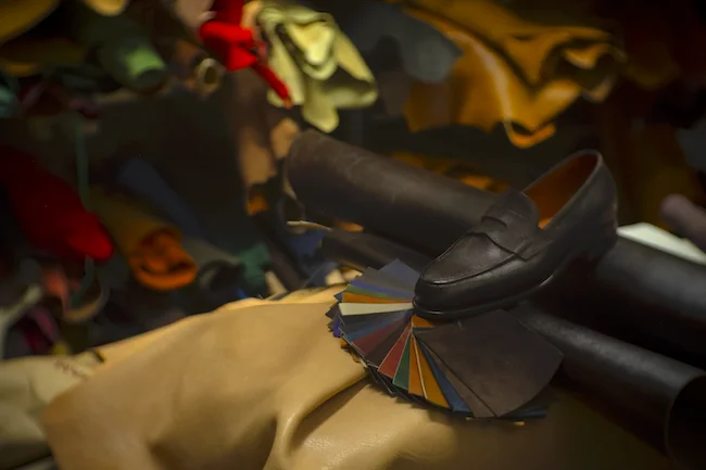 Leather samples and handcrafted shoe for selecting materials and finishes